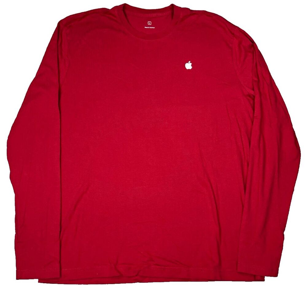 Apple Logo Long Sleeve T-Shirt Mens Large Red Cotton Crew Neck Tee Merch Apparel